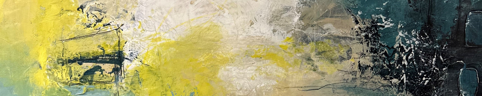 Abstraktes Gemälde mit Gelb, Blau und Grau, das eine harmonische Landschaft darstellt.