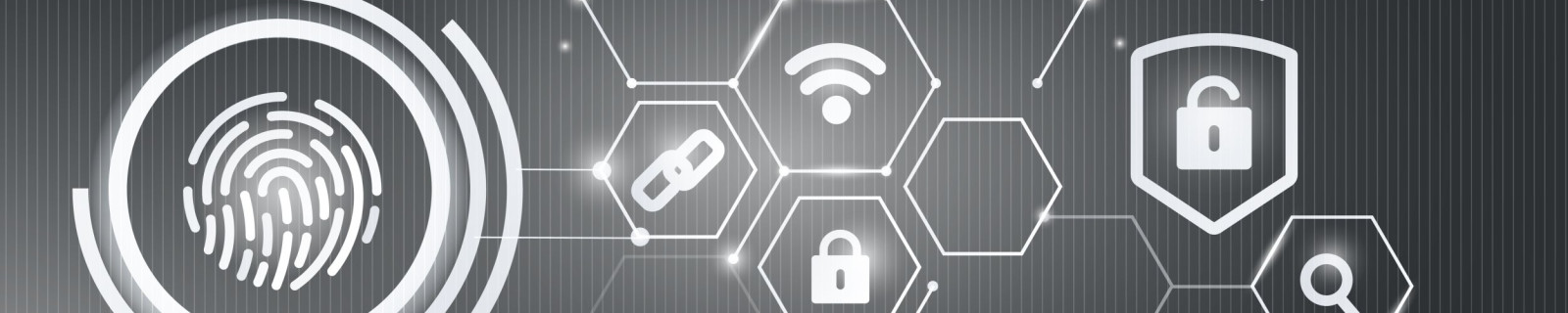 Abstrakte Grafik mit Fingerabdruck, Schloss- und Netzwerksymbolen auf einem grauen Hintergrund.